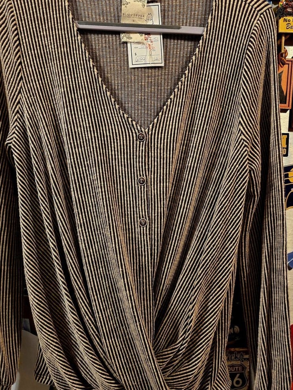 Blu Pepper Black and Cream Striped V‑Neck Button Front Sweater Top